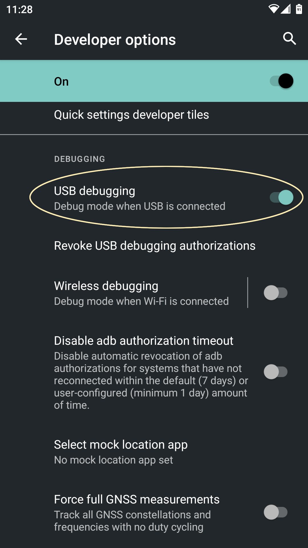 Android settings screen for enabling USB debugging