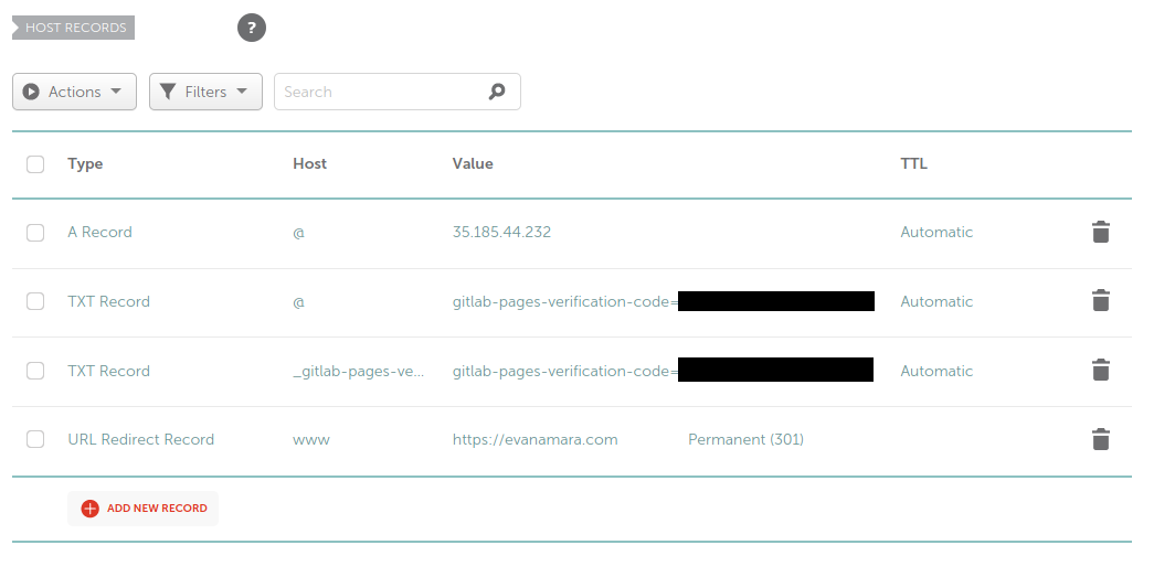 Namecheap DNS records required for GitLab Pages